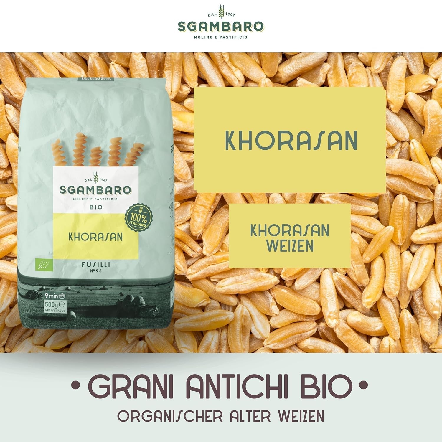 Pasta Fusilli Bio nº 93 - 500g de trigo Khorasan - Trigo antiguo, rico en proteínas, 100% cultivado en Italia - Versátil en la cocina y rico en nutrientes