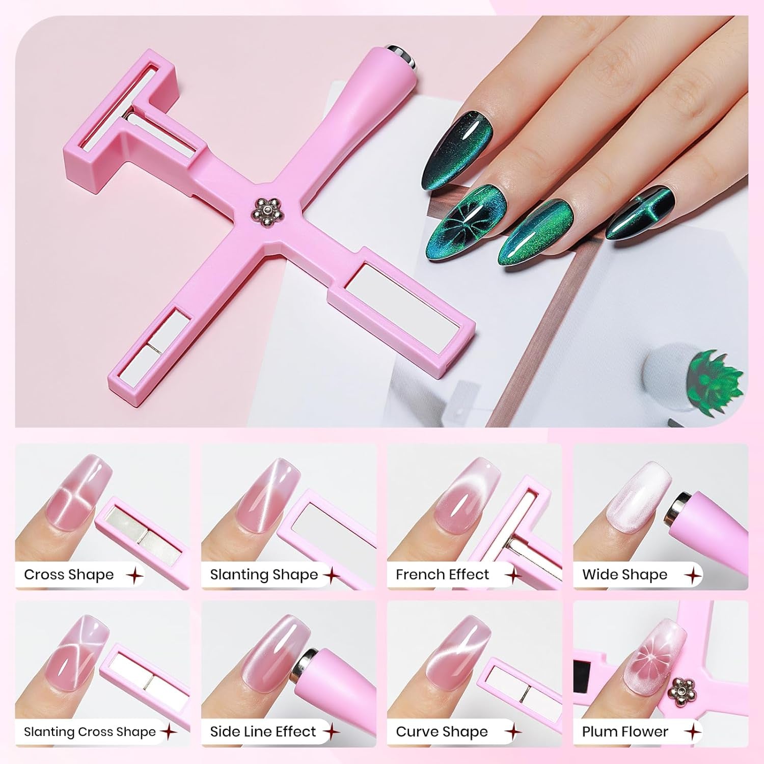 SUPWEE Herramienta de imán de uñas 5 en 1, imán de ojo de gato rosa para uñas multifunción, imán magnético 3D DIY Magic Stick Pen Set Nail Art Magnet Stick para Nail Art Diy-Zubehör