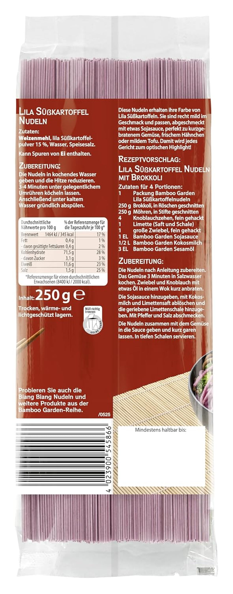Bamboo Garden - Fideos de camote morado | Fideos finos con un suave sabor a nuez | Ideal para tazones y ensaladas | Rápido de preparar bolsa de 250 g
