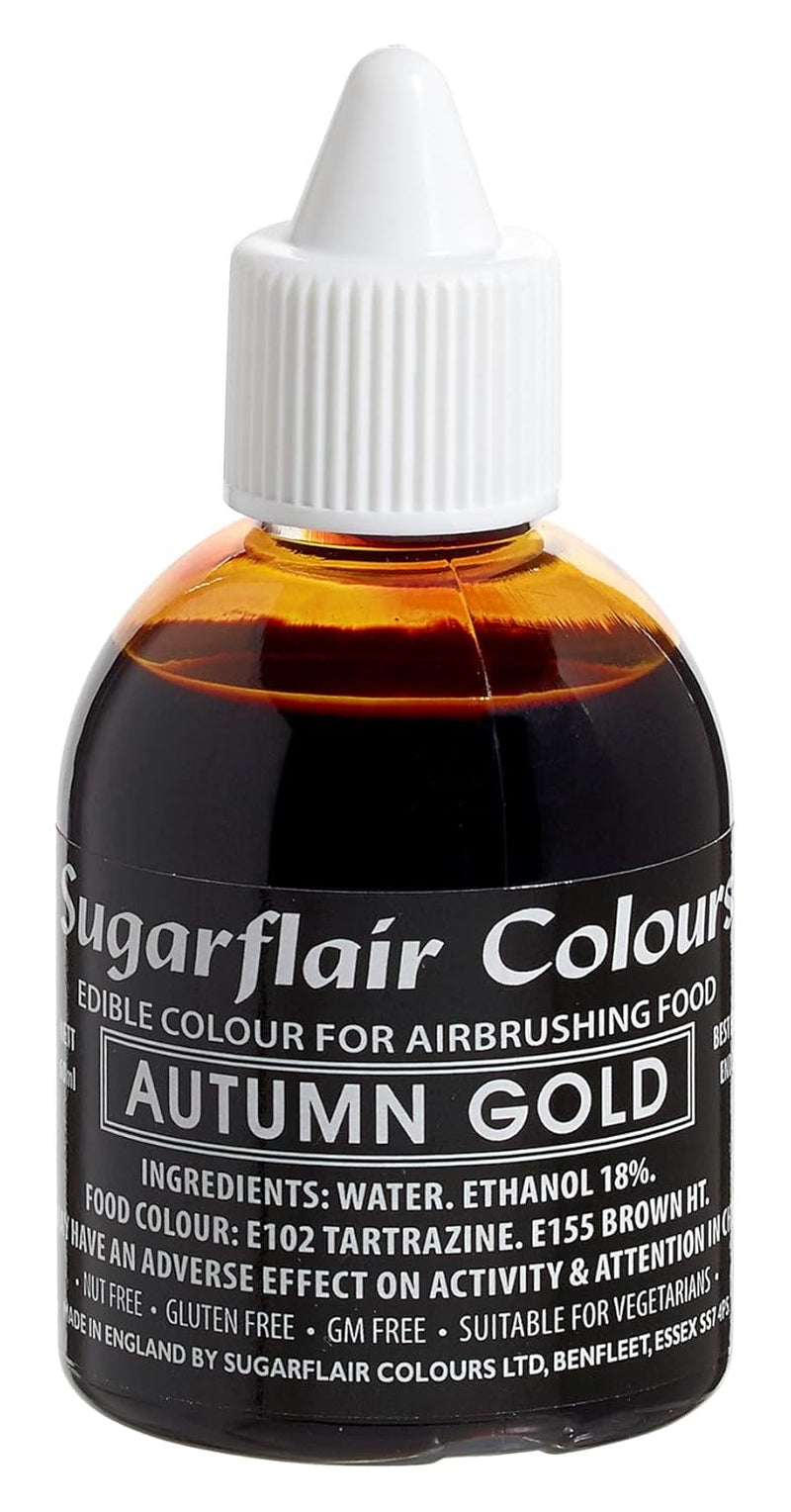 Sugarflair Colorante alimentario con aerógrafo Dorado dorado Colorante alimentario líquido comestible Colorante con aerógrafo Pasteles Muffins Glaseado y decoración de pasteles - 60 ml