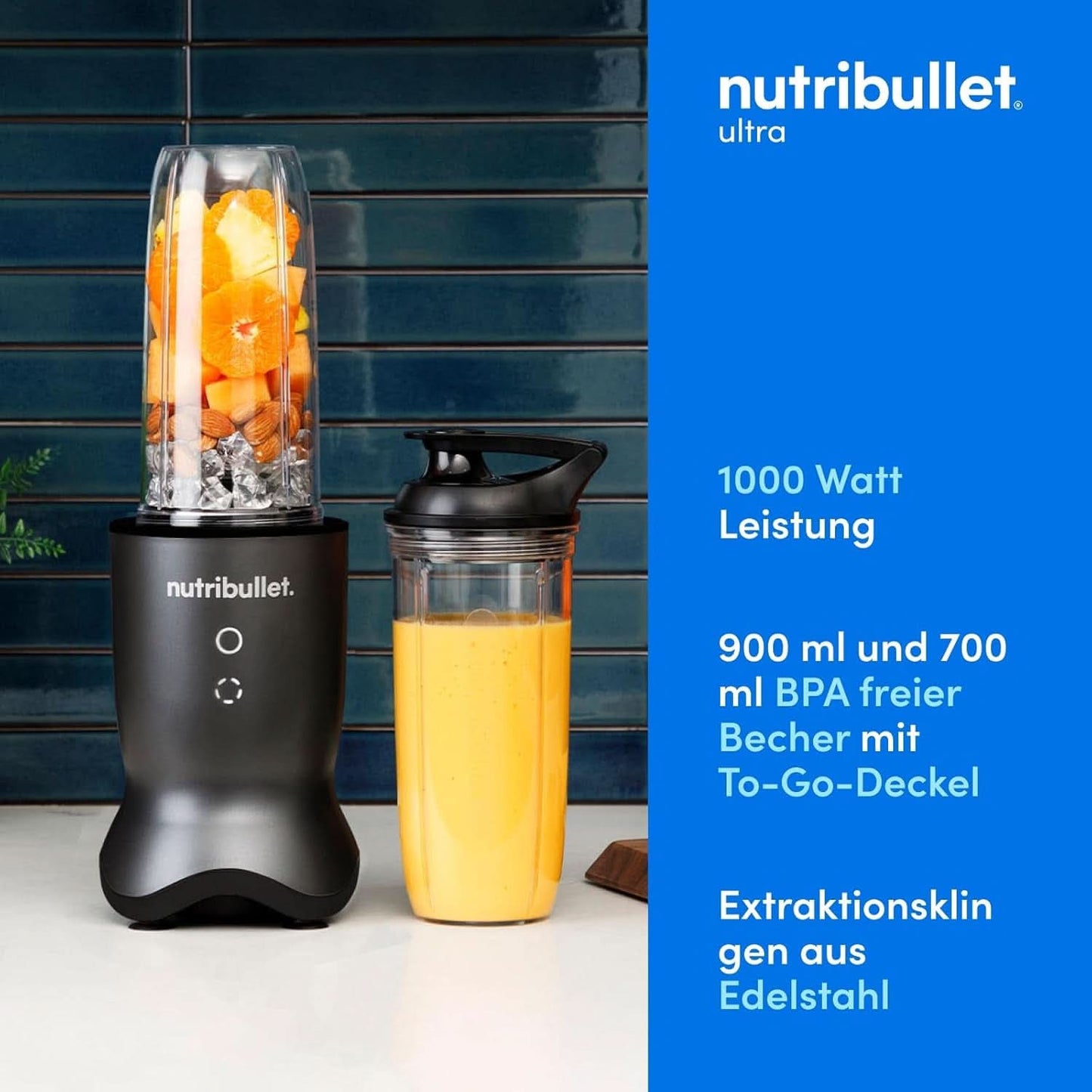 Batidora personal Nutribullet, batidora de larga duración para porciones, 1000 vatios y motor ligero, vaso de 900 ml con Tritan Renew, batidora táctil Leuchtende, Dunkel Grau Bucatarie Naty Shop
