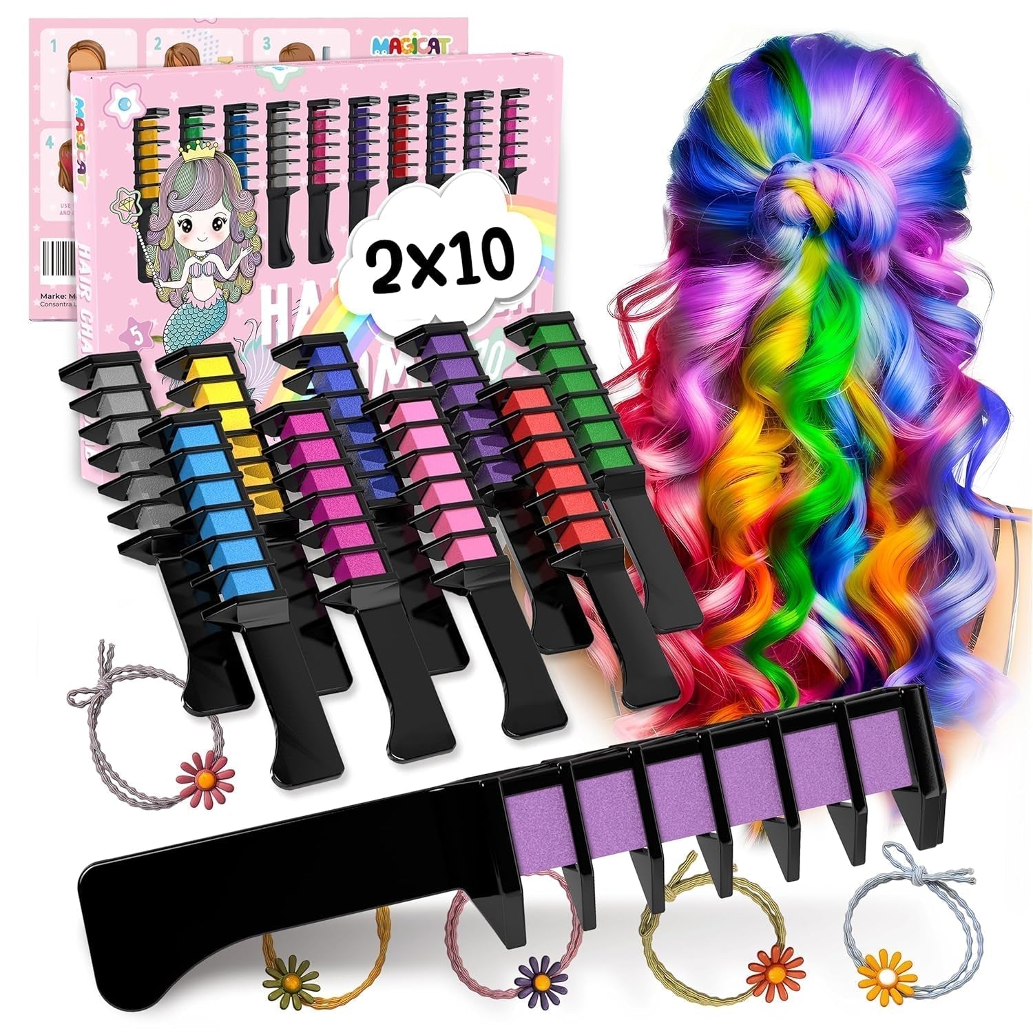 Magicat Tizas para el Cabello para Niña Set I 10 Colores Lavables y 5 Gomas para el Cabello I Regalo para Niñas de 4 a 10 Años I Regalo Creativo para Fiesta de Cumpleaños Infantil 2025 I Tinte para el Cabello Seguro y Colorido Naty Shop 400 G (1 Pack)