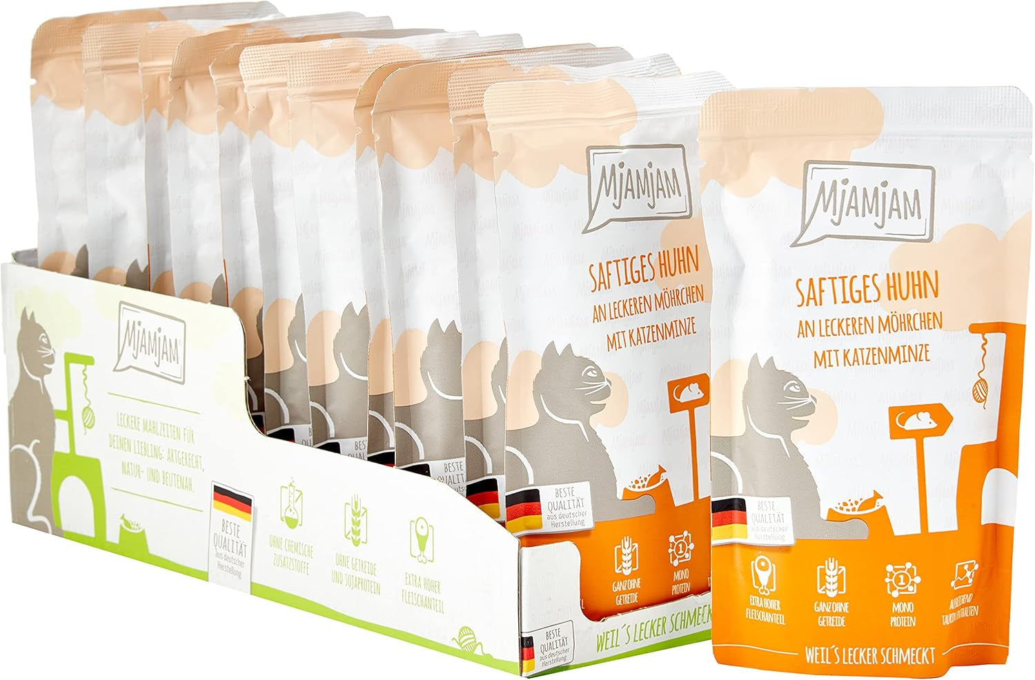 MjAMjAM - Comida húmeda premium para gatos - Bolsa exprimible - Pollo jugoso con deliciosas zanahorias Paquete de 12 (12 x 125 g) Sin cereales con carne extra