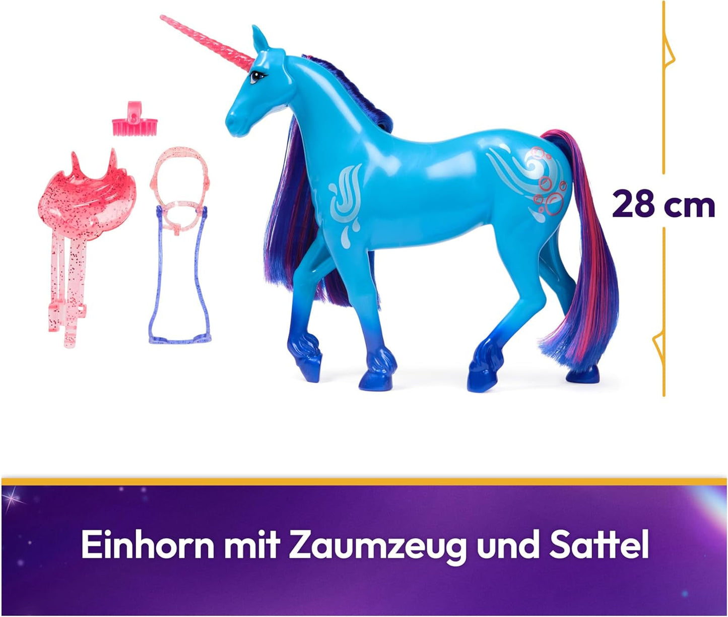 Unicorn River Unicorn Academy - Unicornio Isabel original de 28 cm de alto de la serie de Netflix, con melena y cola reales, brida, silla y cepillo extraíbles, para niños a partir de 4 años
