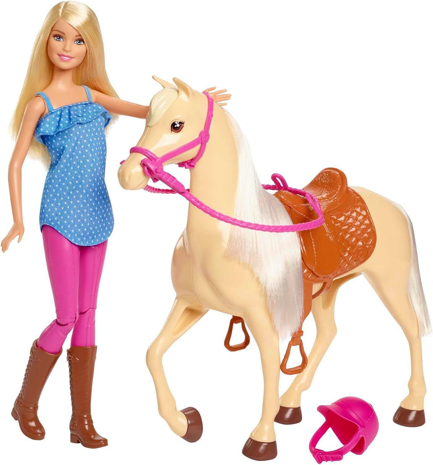 Muñeca Barbie y caballo de juguete, accesorios para montar, incluye 1 muñeca y 1 caballo, adecuado como regalo para niños a partir de 3 años, FXH13