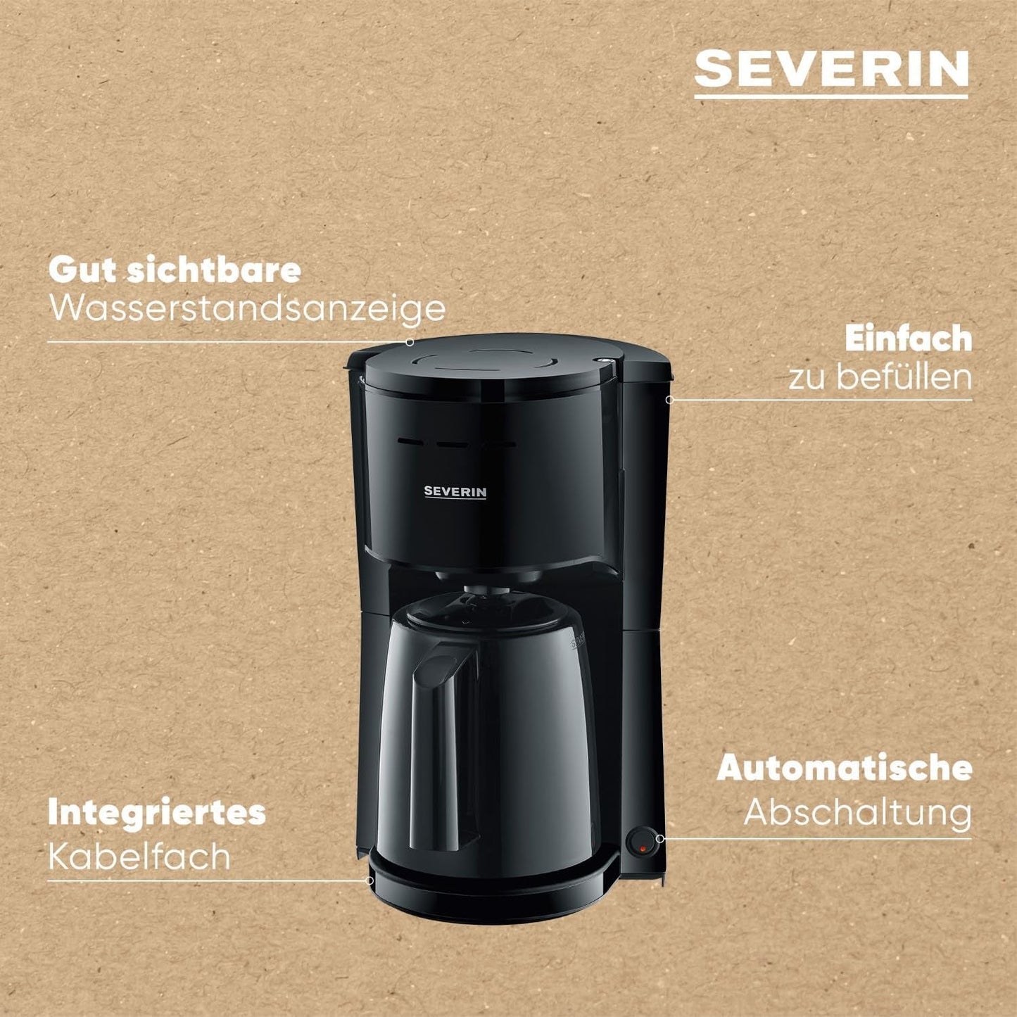 SEVERIN Cafetera de filtro con jarra térmica, cafetera de hasta 8 tazas, atractiva cafetera de filtro con jarra aislada, negra, 1 litro, KA 9306