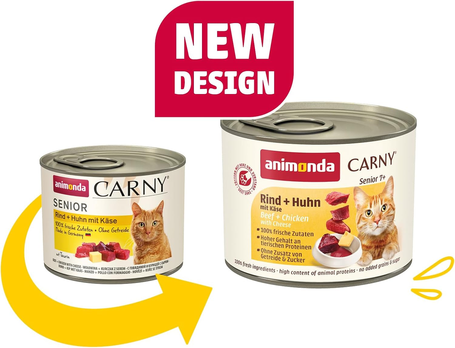 Animonda Carny Senior Comida húmeda para gatos con ternera + pollo + queso (6 x 200g), comida húmeda sin cereales y sin azúcar para gatos a partir de 7 años, con ingredientes frescos y cárnicos