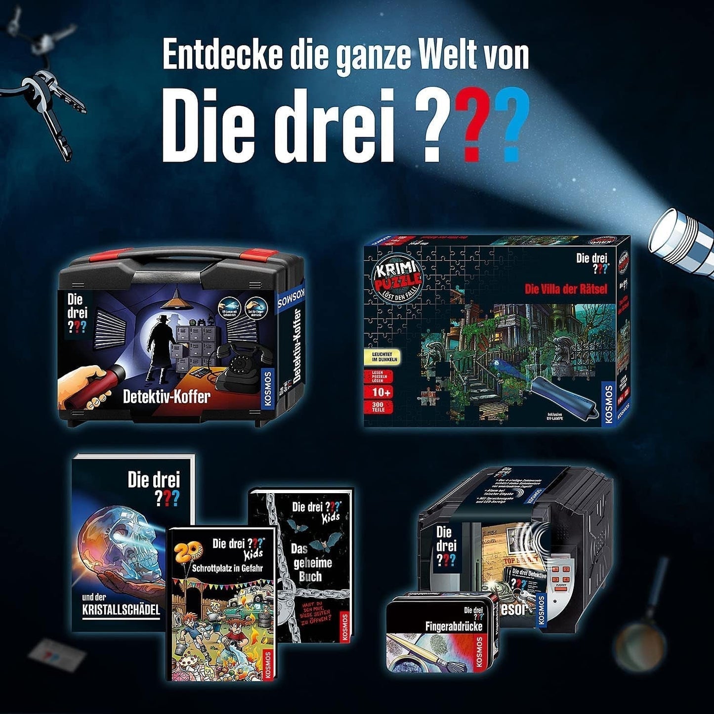 Los tres??? - Puzzle Crimen - La Villa de los Puzzles By KOSMOS 697976, 300 piezas, Brillan en la oscuridad, Con lámpara UV, Lectura, Puzzle, Resolución de puzzles, Puzzle de detectives Desde 10 años Puzzle Naty Shop