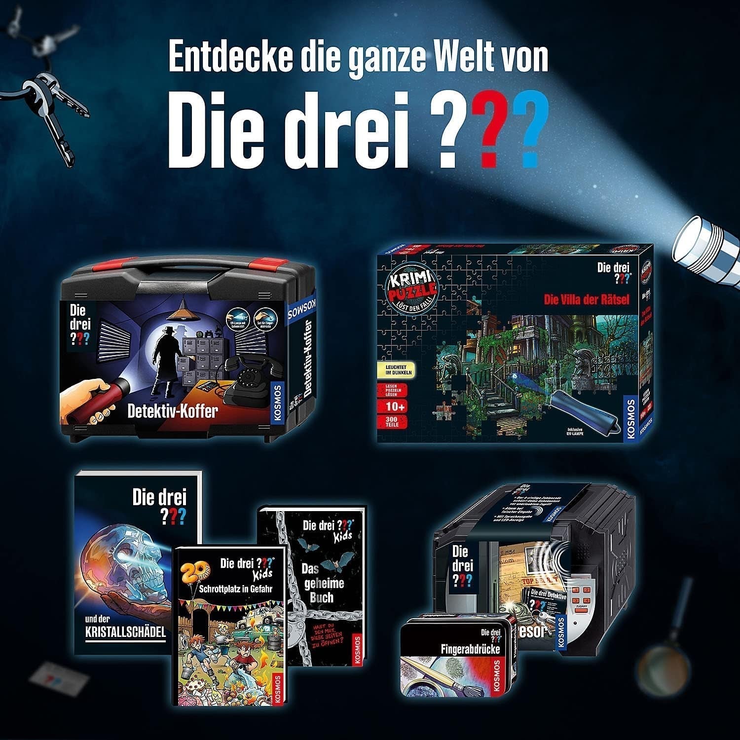 Los tres??? - Puzzle Crimen - La Villa de los Puzzles By KOSMOS 697976, 300 piezas, Brillan en la oscuridad, Con lámpara UV, Lectura, Puzzle, Resolución de puzzles, Puzzle de detectives Desde 10 años Puzzle Naty Shop