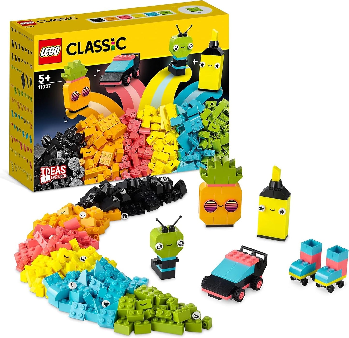 LEGO 11027 Classic Neon Creative Building Set, Brick Box Set, Juguete de construcción con modelos: coche, piña, extraterrestre, patines, figuras y más, para niños a partir de 5 años Juegos de construcción Besuche den LEGO-Store Single