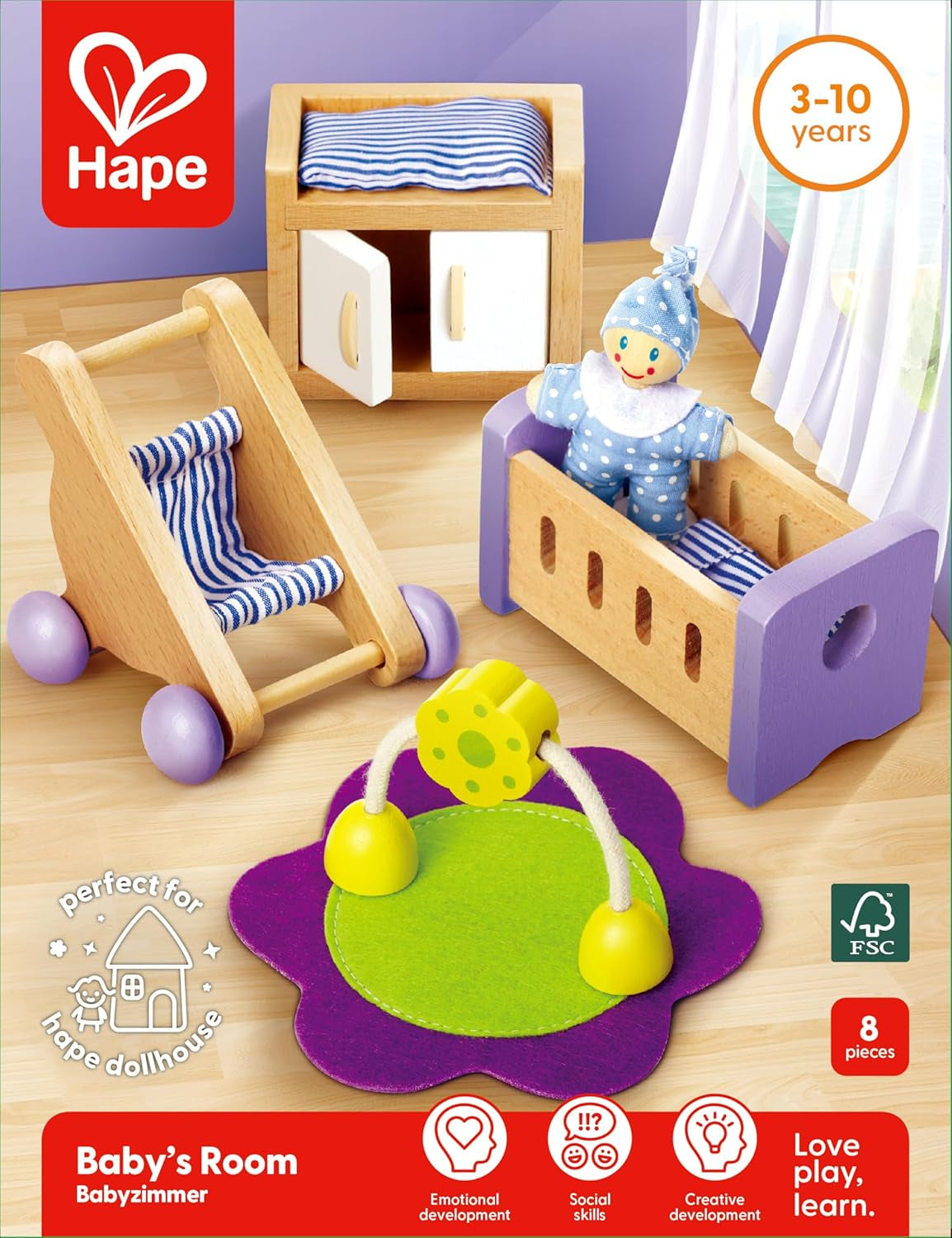 Hape Baby Room - Juego de habitación para muñecas de madera, muebles para muñecas, accesorios para casa de muñecas para niños pequeños, habitación para bebés en miniatura con columpio y accesorios, juego de rol para niños de 3 años