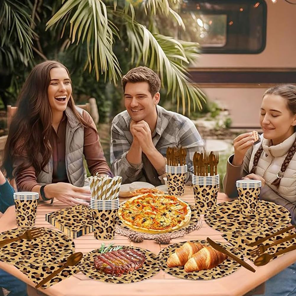 Patrón de leopardo Party Geschirr Kindergeburtstag Deko Geburtstag Party Geschirr Dschungel Pappteller Becher Servietten Babyparty Tischdeko Set