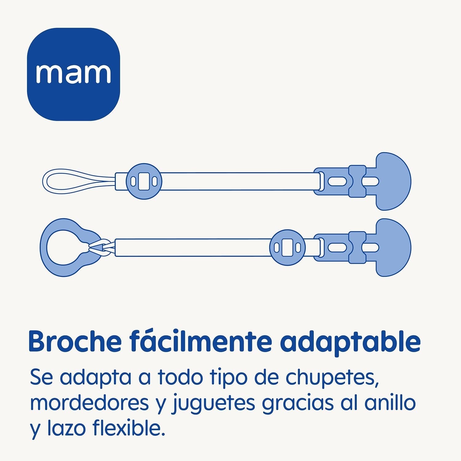Chupete MAM, apto para todo tipo de chupetes, mordedores y juguetes, longitud regulable, incluye cubretetina, lavable, neutro, 1 unidad, surtido