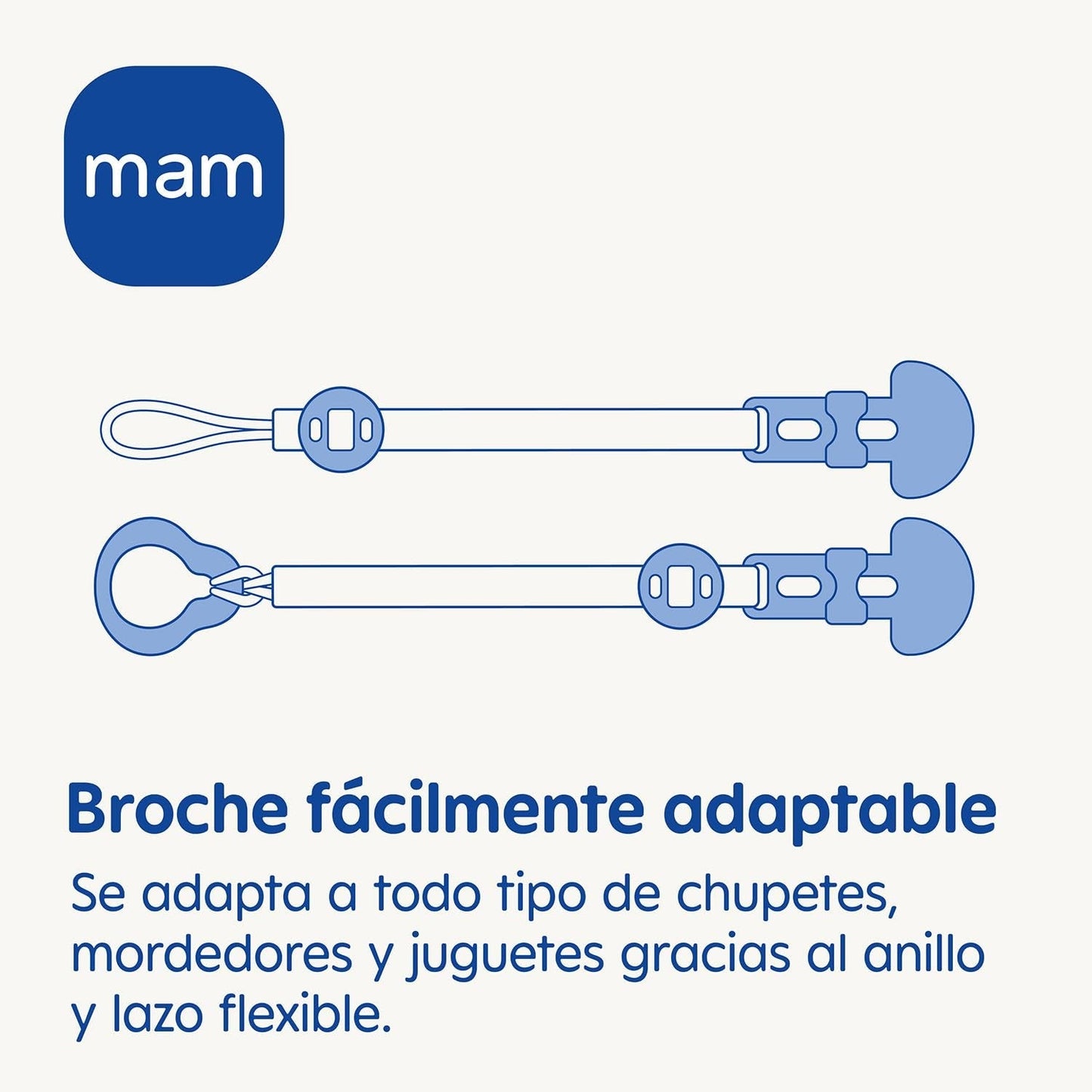 Chupete MAM, apto para todo tipo de chupetes, mordedores y juguetes, longitud ajustable, incluye cubretetina, lavable, azul, 1 pieza