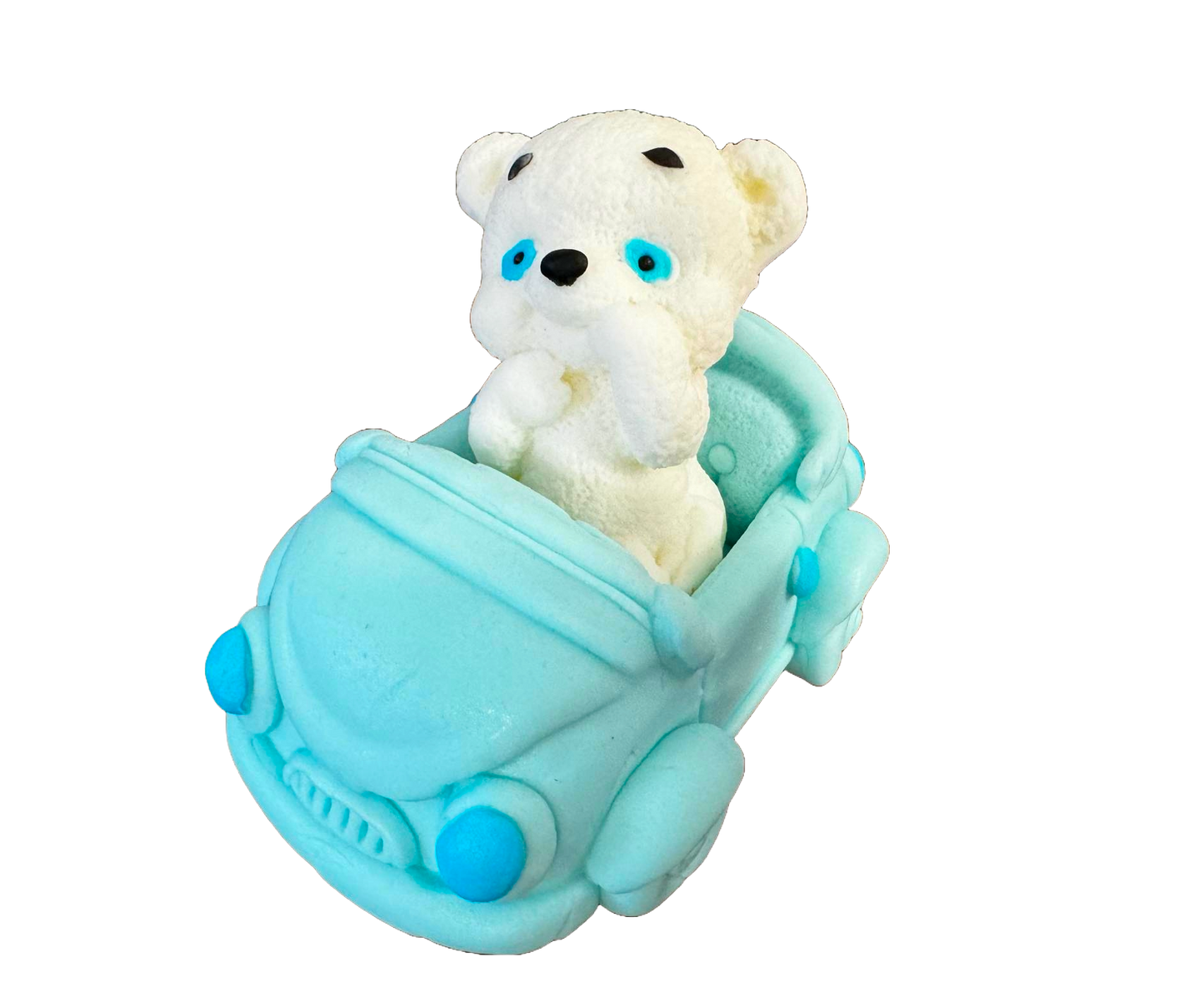 Decoración comestible de pasta de azúcar, Oso blanco con coche azul Decoraciones de pasta de azúcar Naty Shop