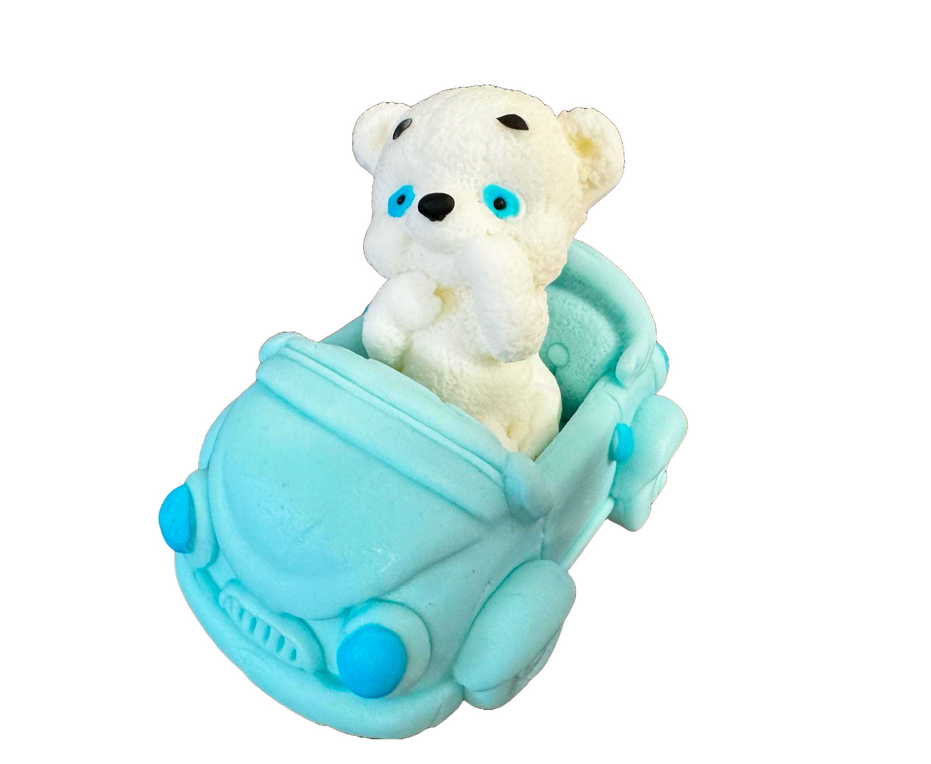 Decoración comestible de pasta de azúcar, Oso blanco con coche azul Decoraciones de pasta de azúcar Naty Shop
