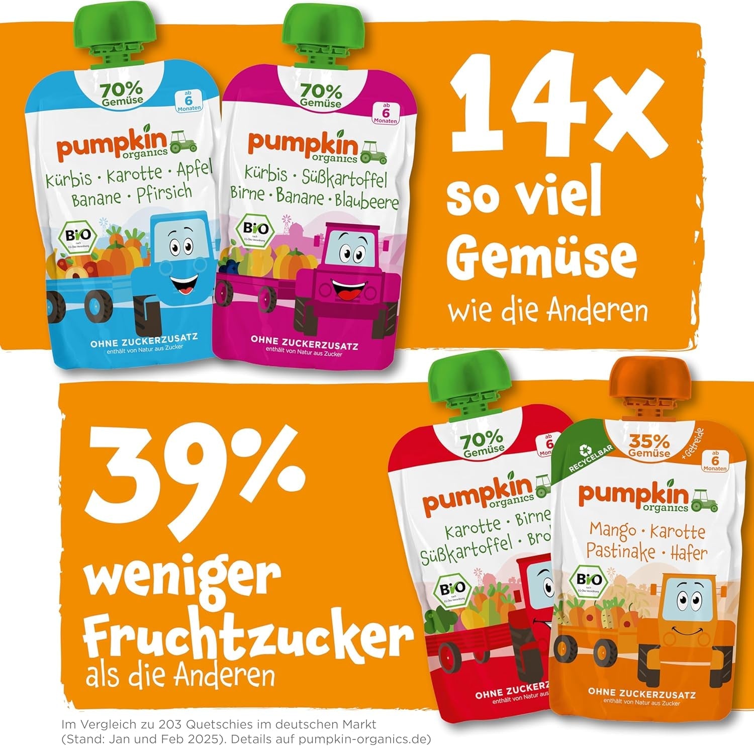 Pumpkin Organics Bio Gemüse-Getreide-Quetschie Kürbis, Birne, Apfel, Pflaume, Hafer ohne Zuckerzusatz¹ - ab 8 Monaten - als Snack o Beikost für unterwegs (100g)