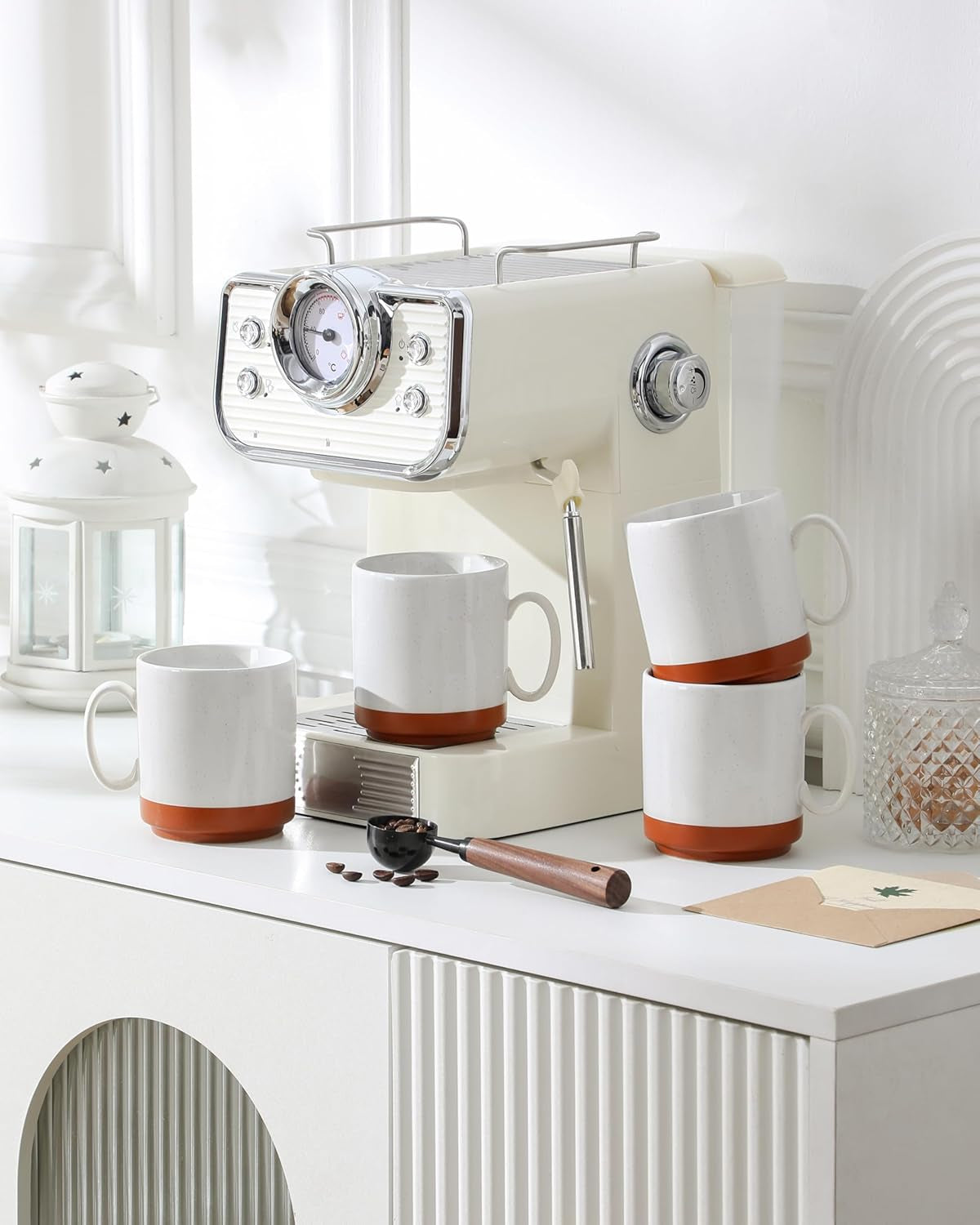 Juego de tazas de café MALACASA, juego de tazas de gres de 350ml para 4 personas, tazas de café modernas para té, zumo, café con leche, capuchino, chocolate caliente. Apto para lavavajillas y microondas, serie TARA, blanco caqui
