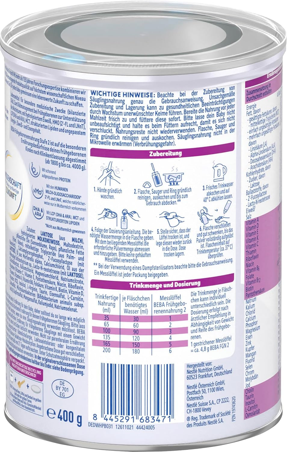 BEBA Fórmula para bebés prematuros etapa 2: bebés prematuros después del alta hospitalaria, alimentos para bebés, leche en polvo para bebés, 1 paquete (1 x 400 g)