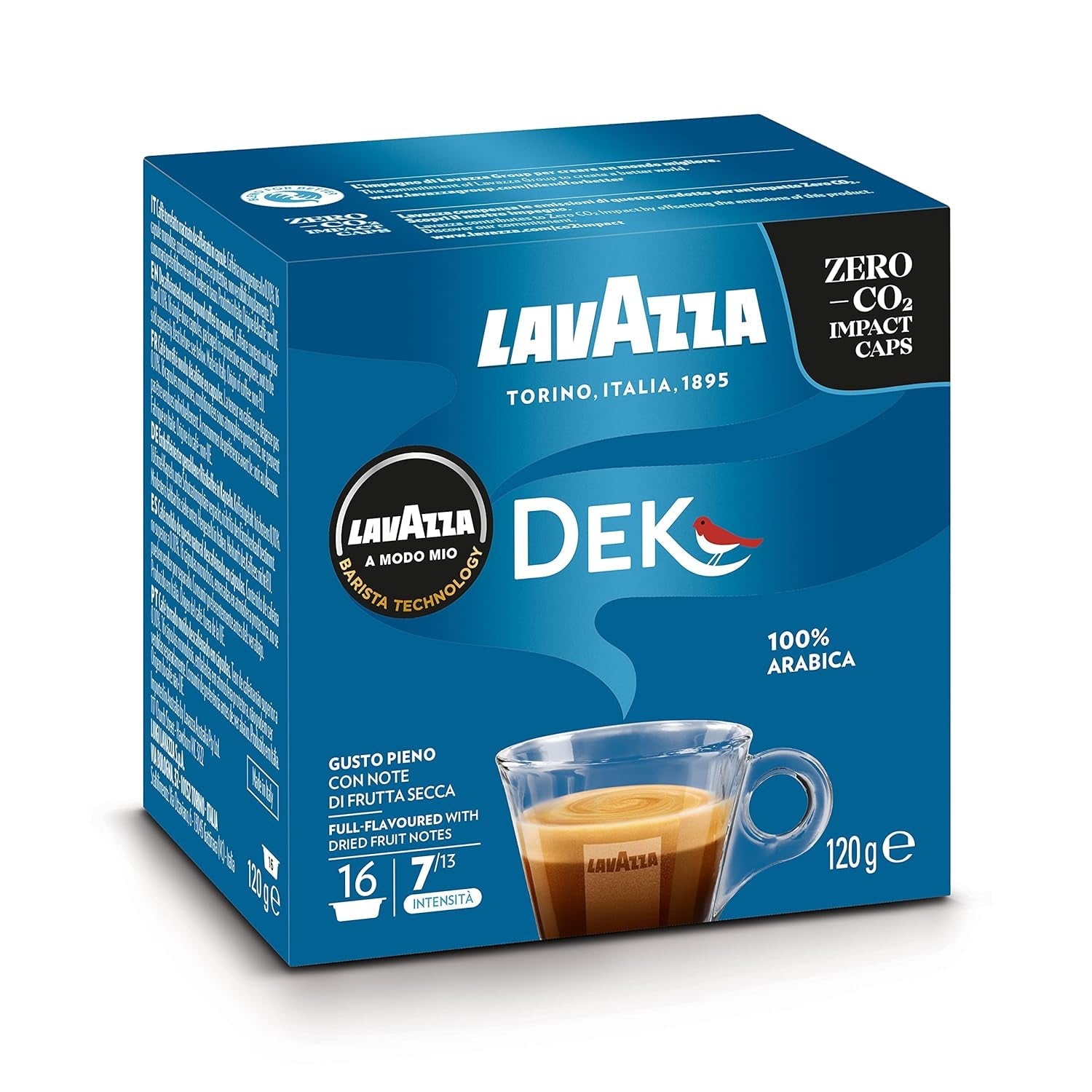Lavazza A Modo Mio Dek Cremoso, 256 cápsulas de café, para espresso descafeinado con notas aromáticas de almendras y canditis, 100% Arábica, intensidad 7/13, tueste medio, 16 paquetes