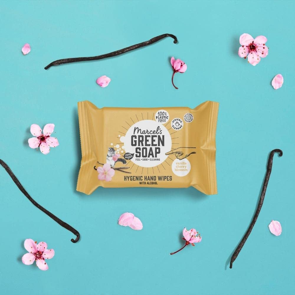 Toallitas húmedas para manos Marcel's Green Soap, paquete de 60, vainilla y flor de cerezo, a base de plantas, orgánicas
