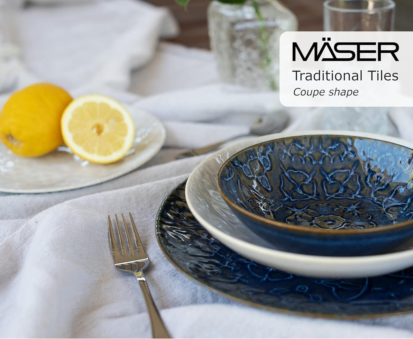 MÄSER 935079 Vajilla Vintage Moderna para 2, Diseño Morisco, Servicio de Mesa de 8 Piezas, Platos y Cuencos de Cerámica de Alta Calidad, Gres, Blanco