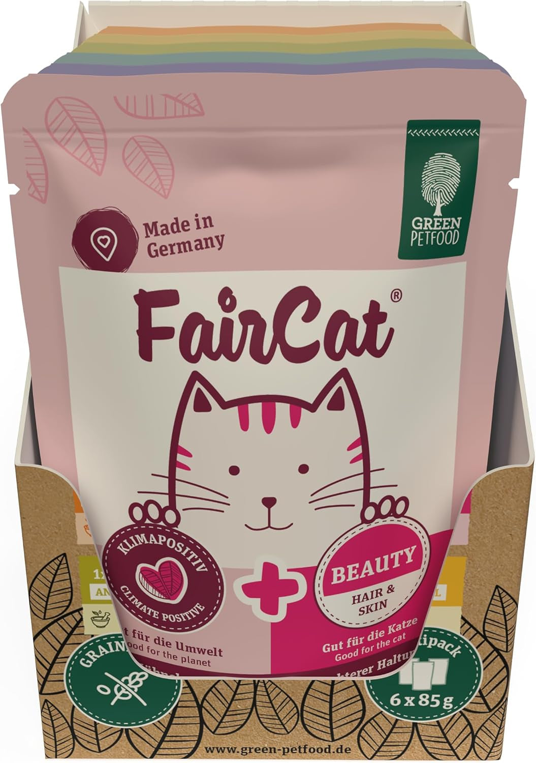 Paquete múltiple Green Petfood FairCat (6 x 85 g) | Adulto | Comida húmeda premium para gatos grandes 6 versiones diferentes Sorten im Multipack | getreidefrei | Katzenfutter nas | paquete de 6