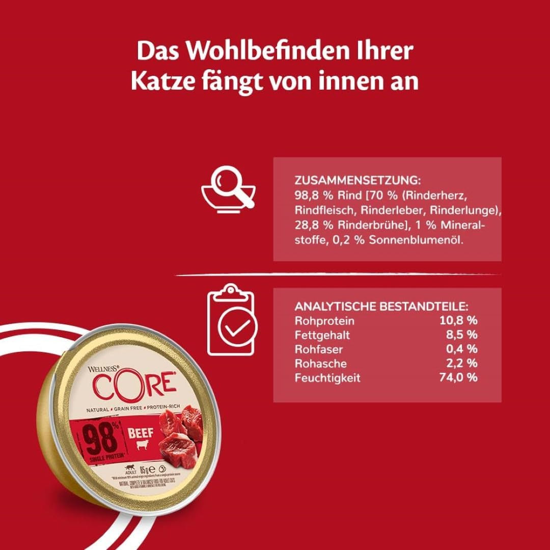 Wellness CORE 98% 12 x 85g, Carne de Vacuno - Comida húmeda para gatos, paté espeso, sin cereales, natural, hipoalergénico, alto en proteínas, alto en carne