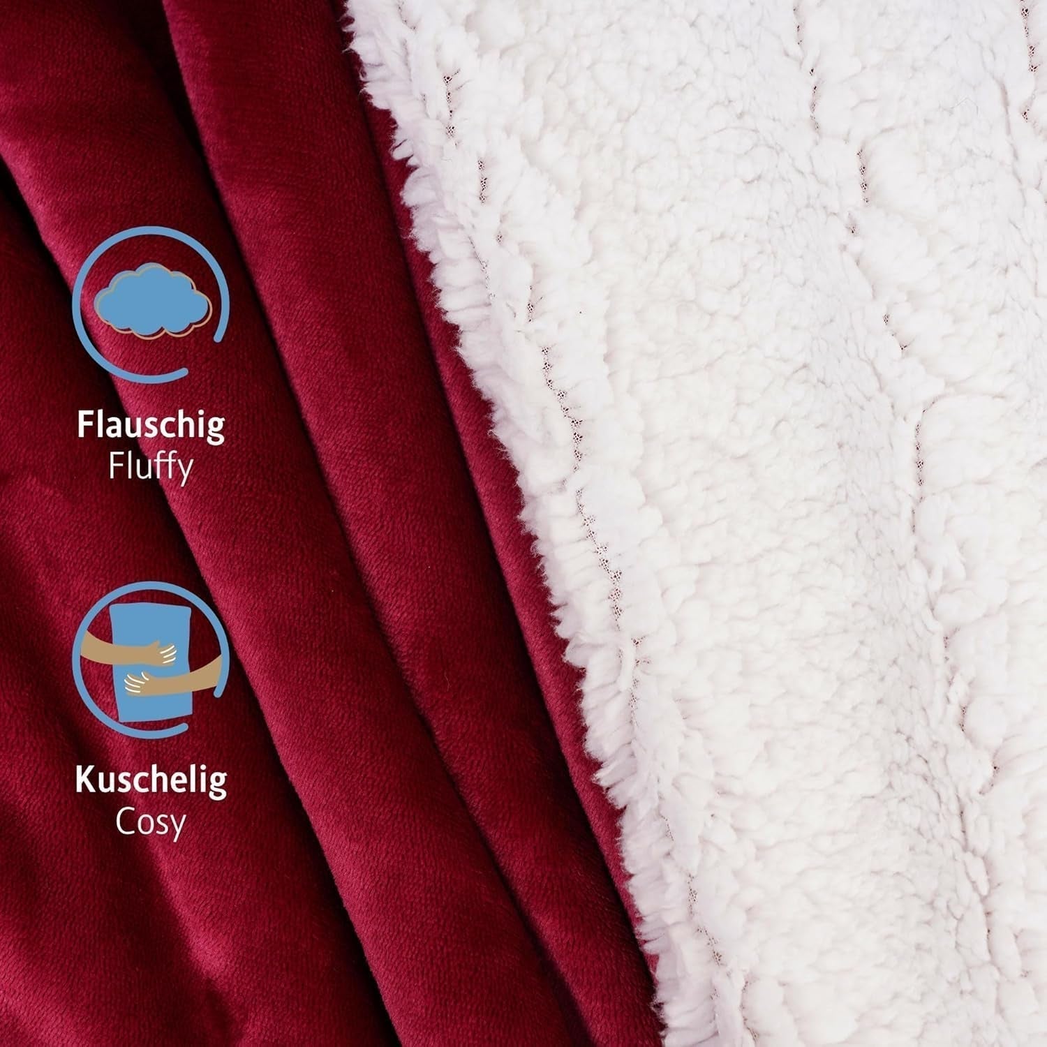 Komfortec acogedora manta 150X200 Cm, manta polar mullida con certificado Oeko-Tex, cálida manta sherpa para el sofá, manta gruesa para el sofá, color burdeos Camas y mantas Besuche den Komfortec-Store