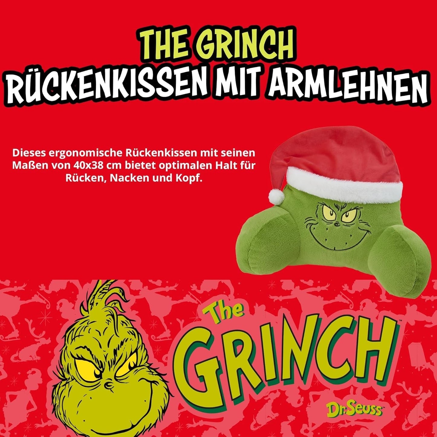 Grinch Pillow - Almohada de Lectura para Cama y sofá, Respaldo con reposabrazos, Almohada de Lectura para Espalda, Cuello y Cabeza, Verde, 40 x 38 cm