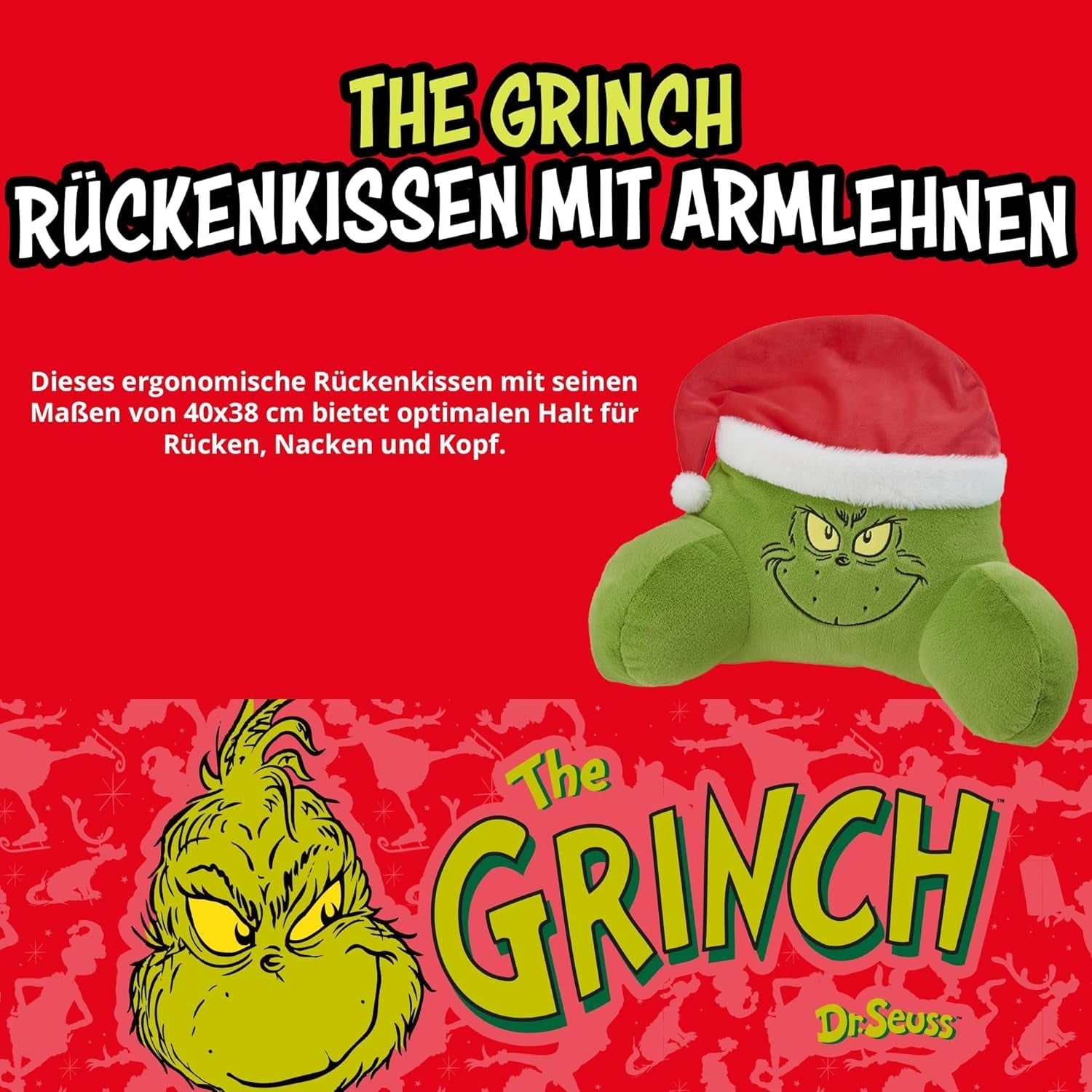 Grinch Pillow - Almohada de Lectura para Cama y sofá, Respaldo con reposabrazos, Almohada de Lectura para Espalda, Cuello y Cabeza, Verde, 40 x 38 cm