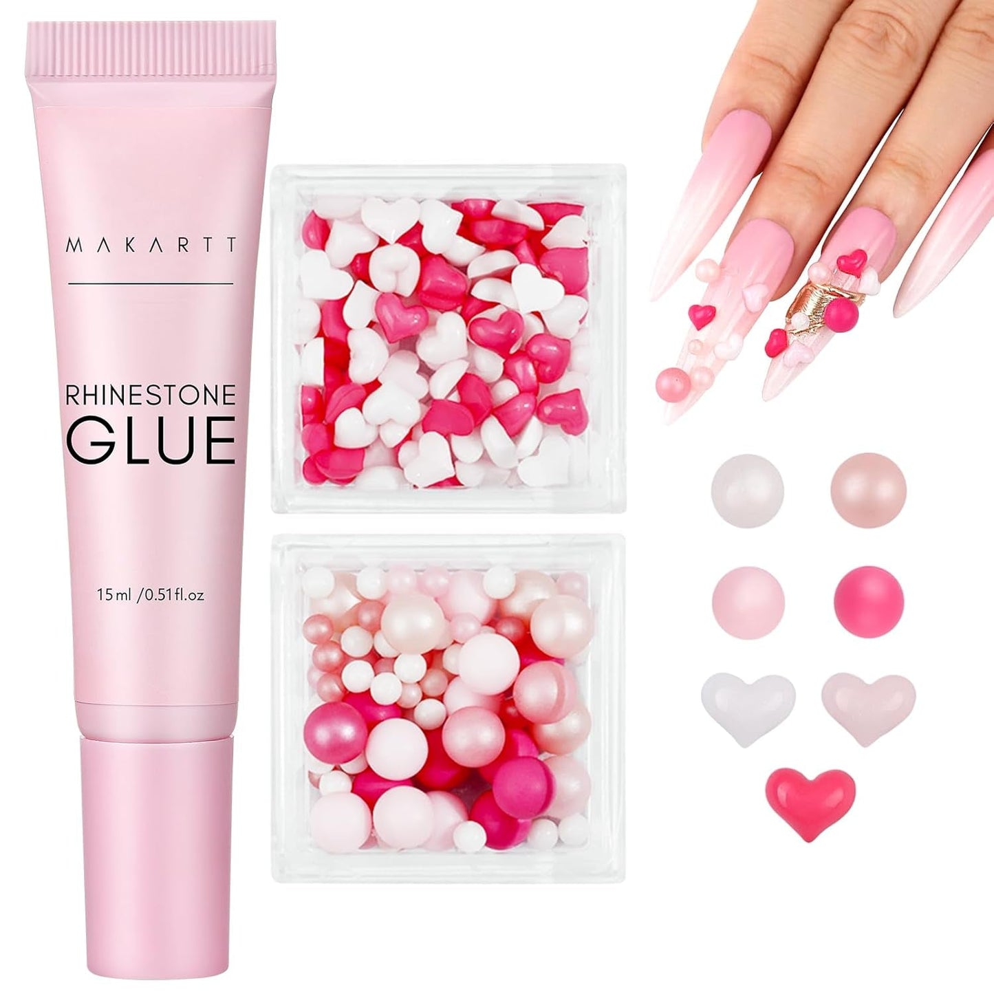 Makartt Gel Adhesivo de Diamantes de Imitación - Juego de Pegamento de Uñas UV de 15 ml con Dijes de Uñas Rosas, Joyería de Uñas con Círculo de Corazón y Accesorios de Diseño de Uñas para Manicura en el Hogar, Regalo del Día de San Valentín