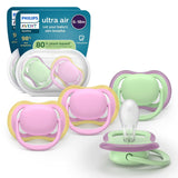 Chupetes Philips AVENT ultra air - pack de 4 chupetes transpirables sin BPA para bebés de 6 a 18 meses, incluido estuche de transporte y esterilización, patrón tortuga/ballena (modelo SCF085/66)