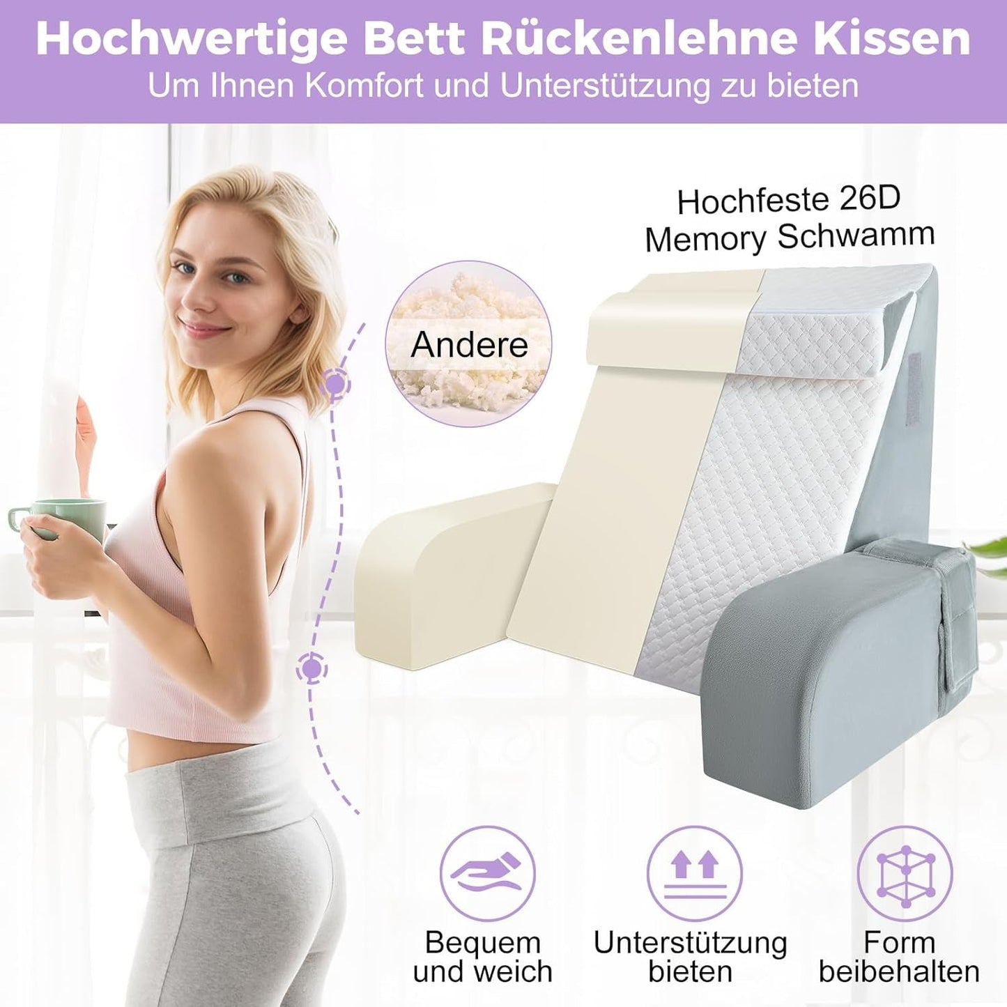 Almohada de lectura grande con asa, espuma de alta densidad, almohada ergonómica para la espalda, reposabrazos, soporte para el cuello y reposacabezas, cojín de asiento reclinable para dormir, jugar, mirar televisión, para cama y sofá