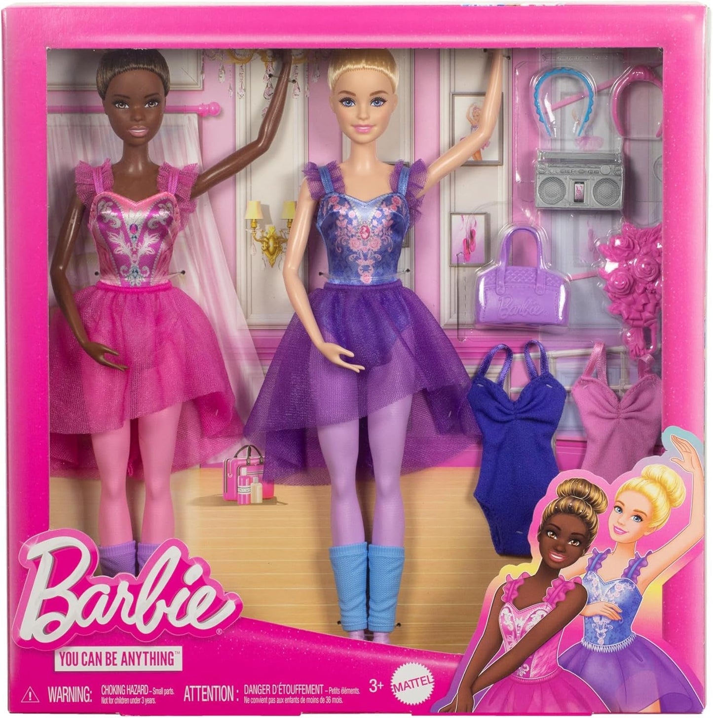 Barbie Ballettstudio Set con 2 Puppen y 9 Zubehörteilen, rubia y morena Ballerina-Modepuppen mit aussietzem Outfit und zum Tanzmotto passten Teilen, HXC37, [Multicolor]