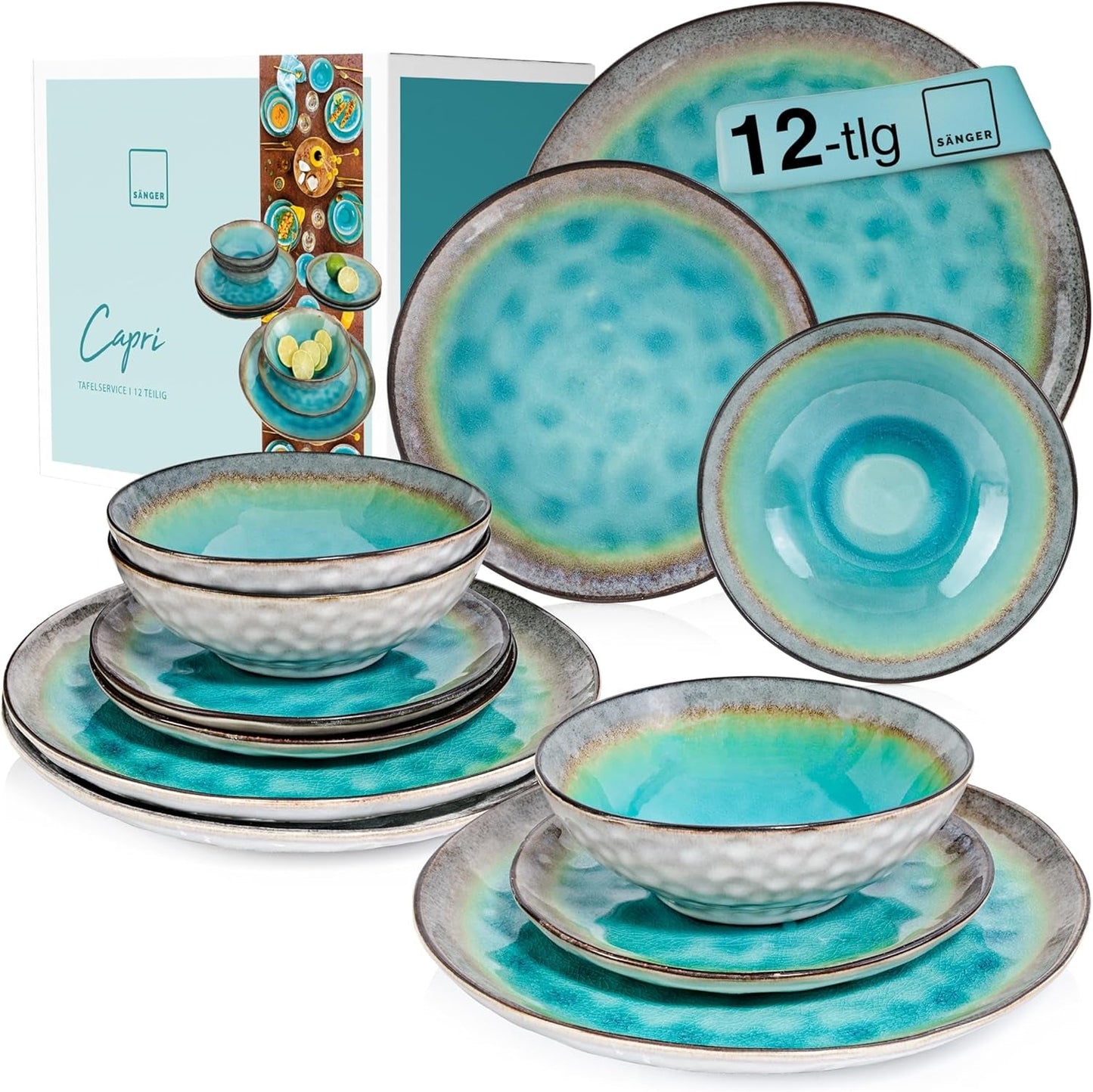 SANGER | Vajilla Capri Juego de vajilla de 12 piezas Vajilla de gres para 4 personas que incluye platos llanos, platos de postre y platos Suma Vajilla hecha a mano en color turquesa con borde gris | LA COLECCIÓN PREMIUM
