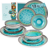 SANGER | Vajilla Capri Juego de vajilla de 12 piezas Vajilla de gres para 4 personas que incluye platos llanos, platos de postre y platos Suma Vajilla hecha a mano en color turquesa con borde gris | LA COLECCIÓN PREMIUM