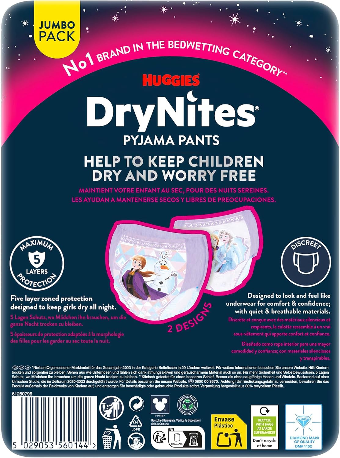 Huggies DryNites Pañales nocturnos súper absorbentes para niñas de 3 a 4 años (12 a 21 kg), paquete de bragas mensuales de 4 x 16 unidades (64 unidades en total)