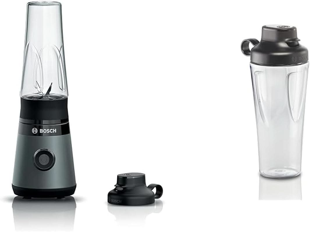 Bosch Minibatidora de pie Vitapower Serie 2 MMB2111S, batidora de alta velocidad, Bis Zu 40.000 rpm, Tritan Togo-Flasche 0,6 L, Trinkdeckel, Bruchsicher, Spülmasch.Geeignete Teile, 450W, Plata/Negro Cocina Naty Shop Bundle Mit Togo-Flasche Plata/Negro