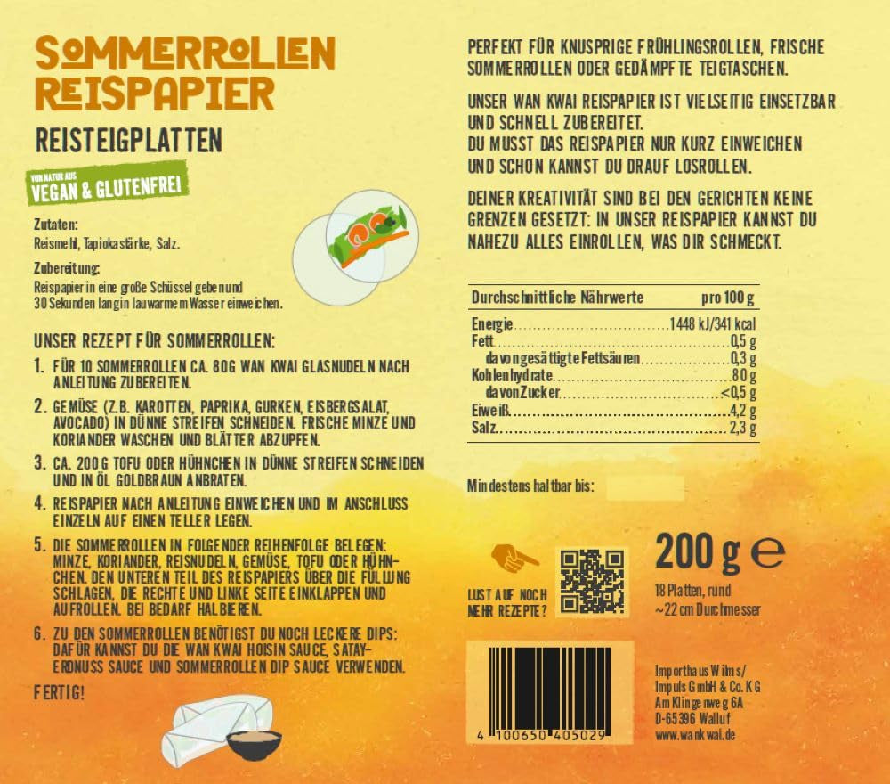 Papel de arroz Wan Kwai Summer Roll 200 g: requiere un remojo ligero, perfecto para rollitos de primavera crujientes, panecillos frescos de verano o albóndigas al vapor