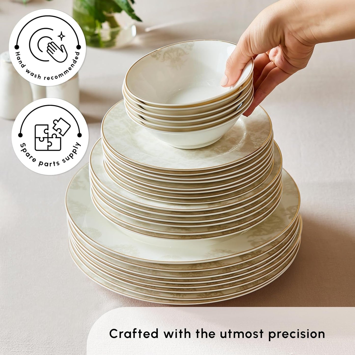 Karaca Elegance Bone Siena Vajilla para 12, Vajilla Moderna de Porcelana, Vajilla con Tazones de Sopa, Fuente para Servir, Platos Hondos, Platos de Postre - Blanco y Dorado