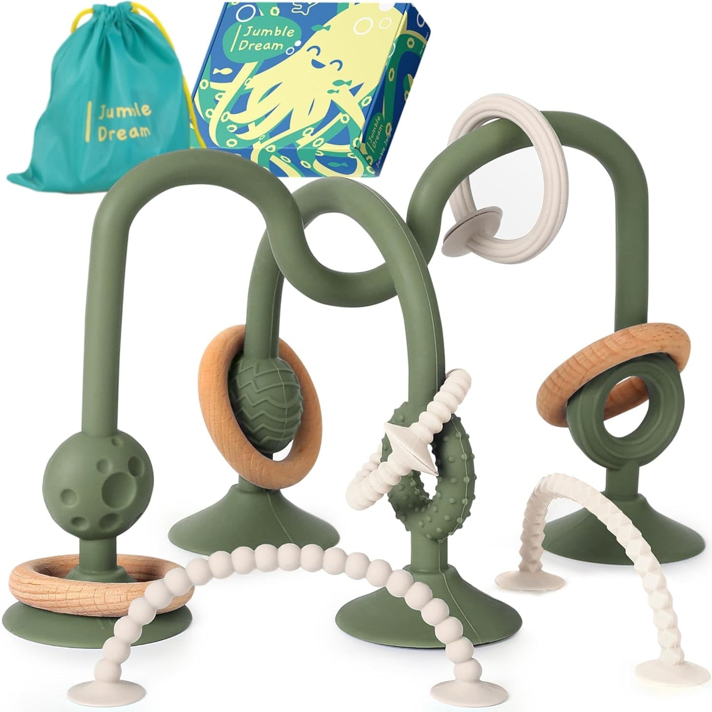 JUMBLE JANGLE Anillo de dentición para bebé: juguete para la dentición del bebé de 3 a 24 meses | Juego de 7 juguetes para masticar sin BPA | Anillo de dentición de silicona refrescante | Juguete infantil con ventosa para trona, mesa y bañera