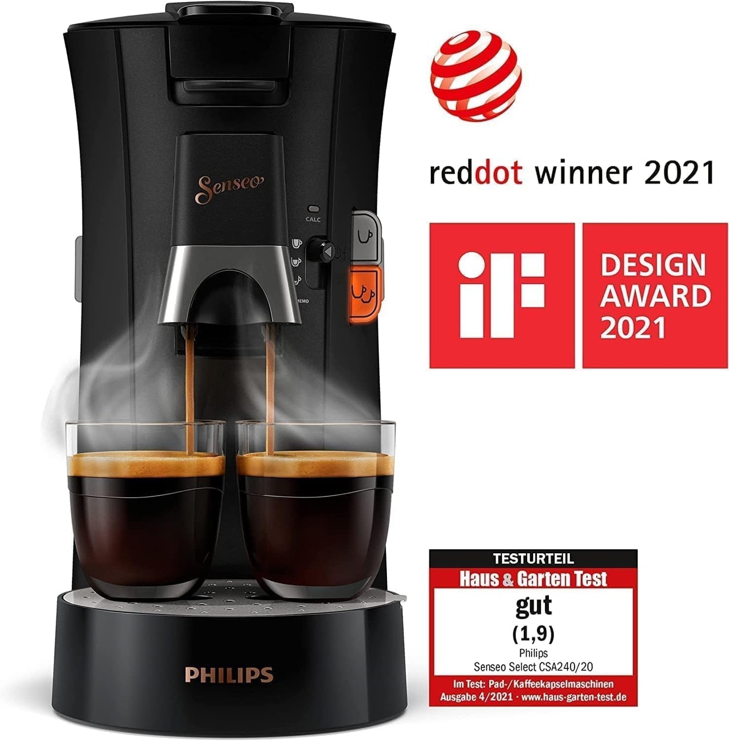 PHILIPS Senseo Select Cafetera espresso de cápsulas con selección de intensidad de café y función memoria, fabricada en plástico reciclado, color: negro (CSA240/60)