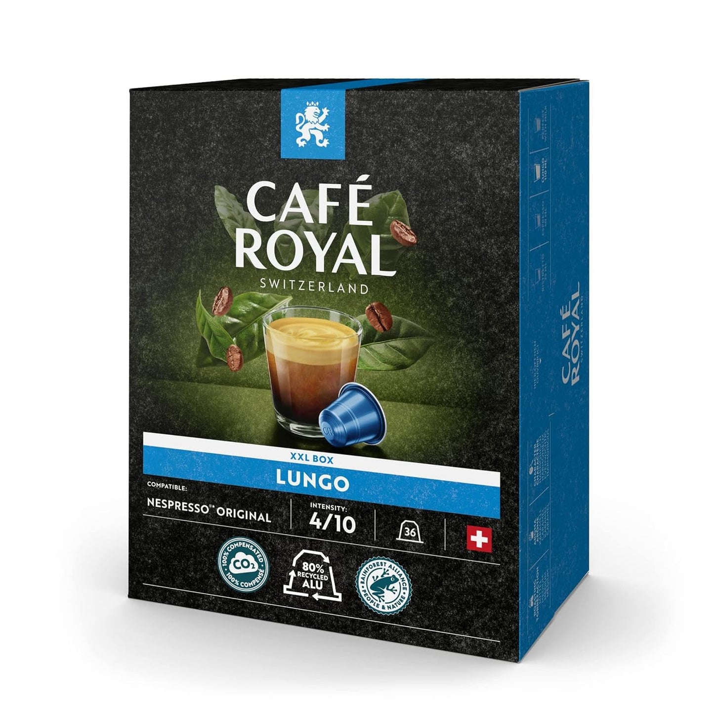 Café Royal con sabor a chocolate negro 100 cápsulas para cafetera Nespresso - intensidad 4/10 - certificado UTZ, con aluminio y Lungo 36 cápsulas para cafetera Nespresso - intensidad 4/10