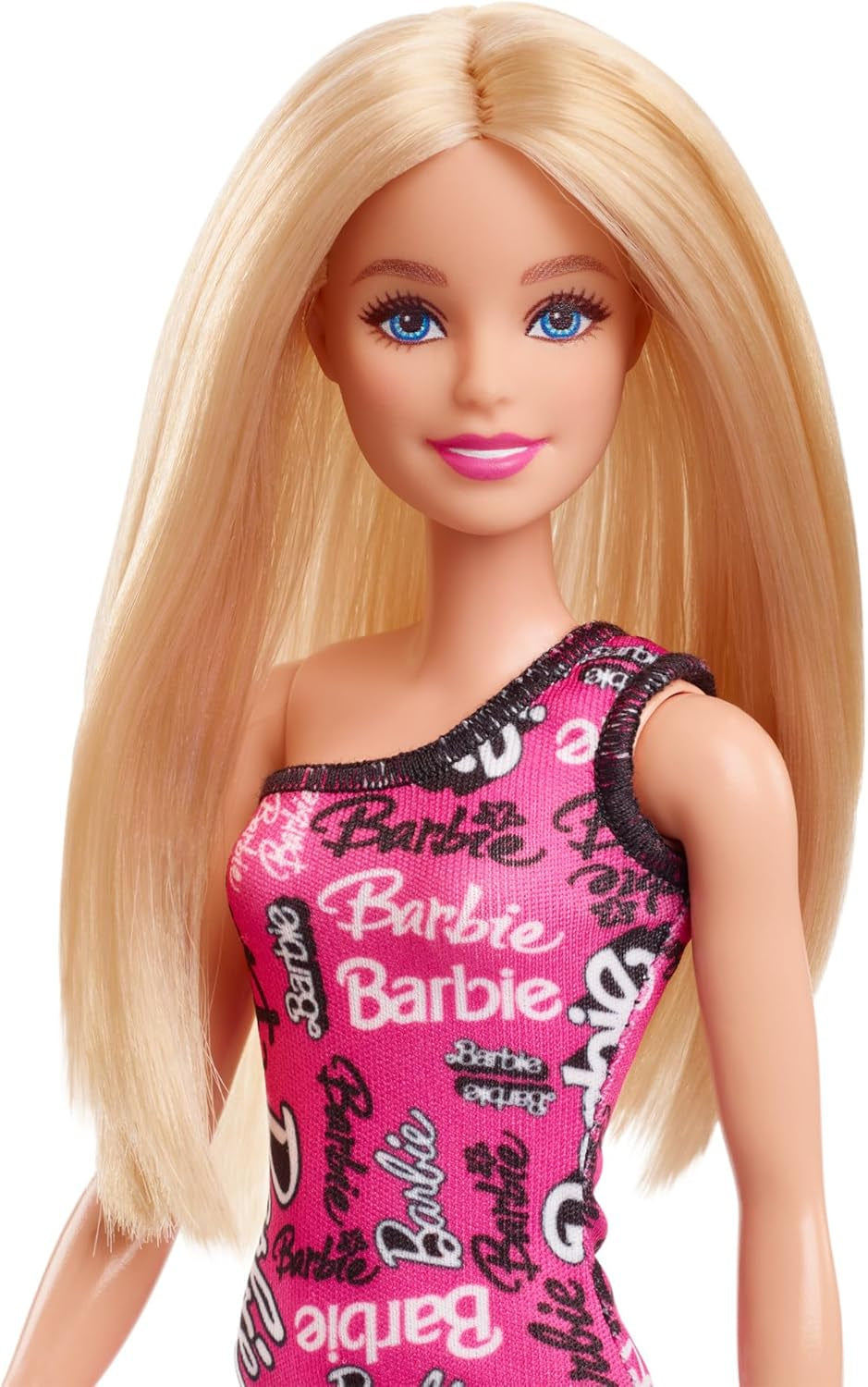 Muñeca Barbie moderna con cabello rubio liso y vestido rosa desmontable de un solo hombro y zapatos con logo impreso, HRH07