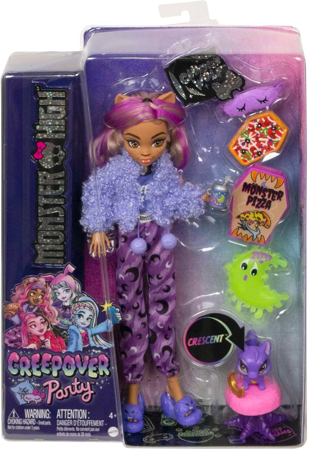 Muñeca MONSTER HIGH y accesorios para pijamas, muñeca Clawdeen Wolf con gato, Crescent, Creepover Party, HKY67