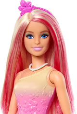 Muñeca Barbie Real con pelo elegante rubio y rosa, accesorios coloridos, top rosa degradado y falda de mariposa, HRR08 Naty Shop Dolls