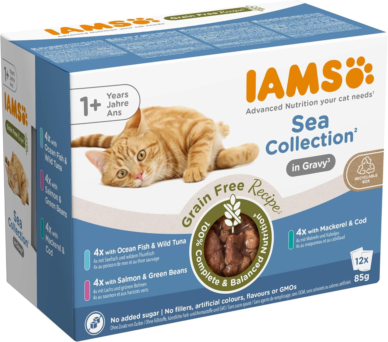 IAMS Delights Sea Collection Comida húmeda para gatos sin cereales - Paquete múltiple con variedad de pescado en salsa, comida húmeda sin cereales para gatos a partir de 1 año, 12 x 85 g