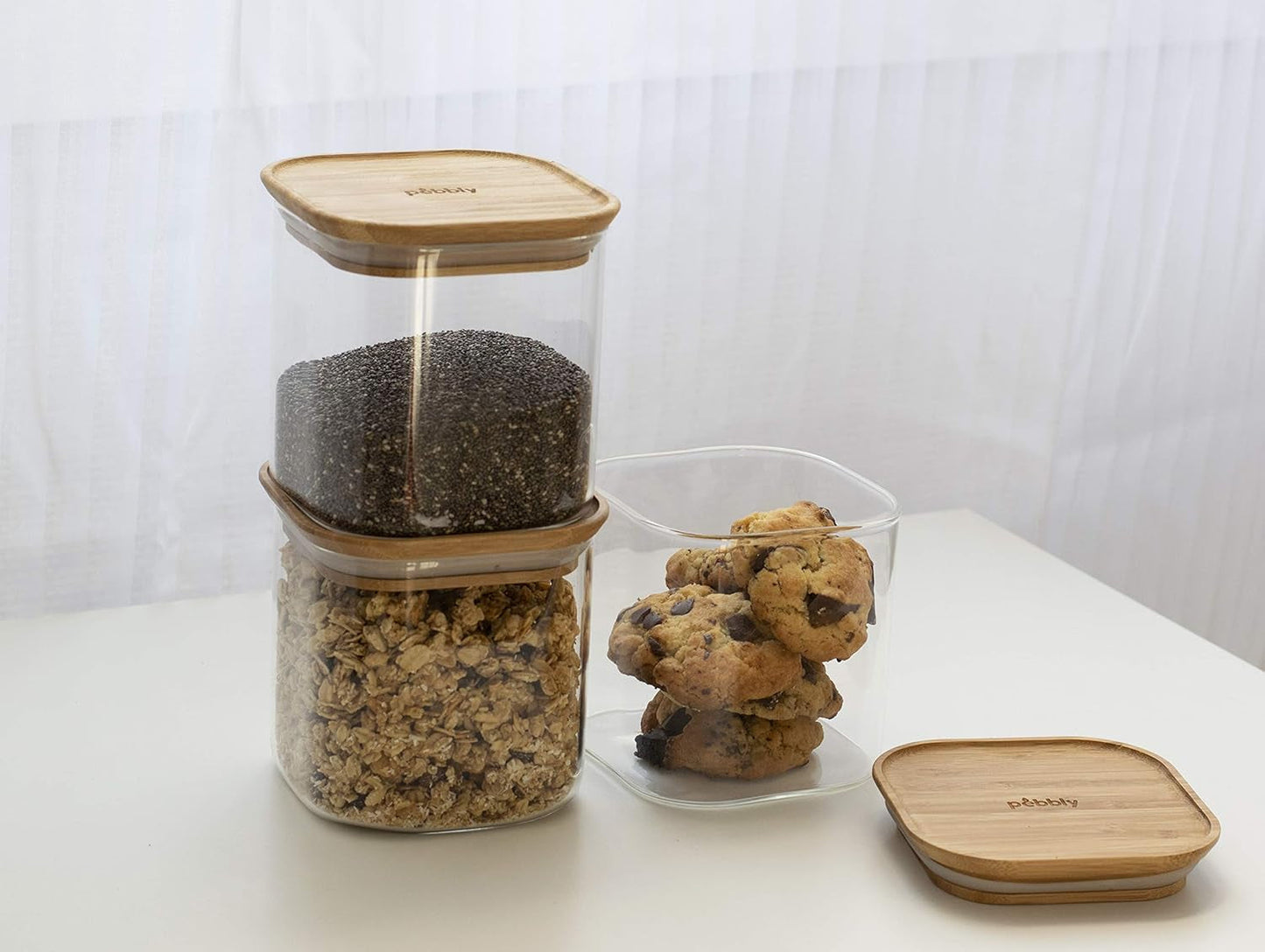 Set de 3 Recipientes de Vidrio Cuadrados con Tapa de Bambú - 800ml, Vidrio Borosilicato, Bambú, Silicona, Natural, 11 x 11 x 11 cm Cajas para Conservar Alimentos Naty Shop