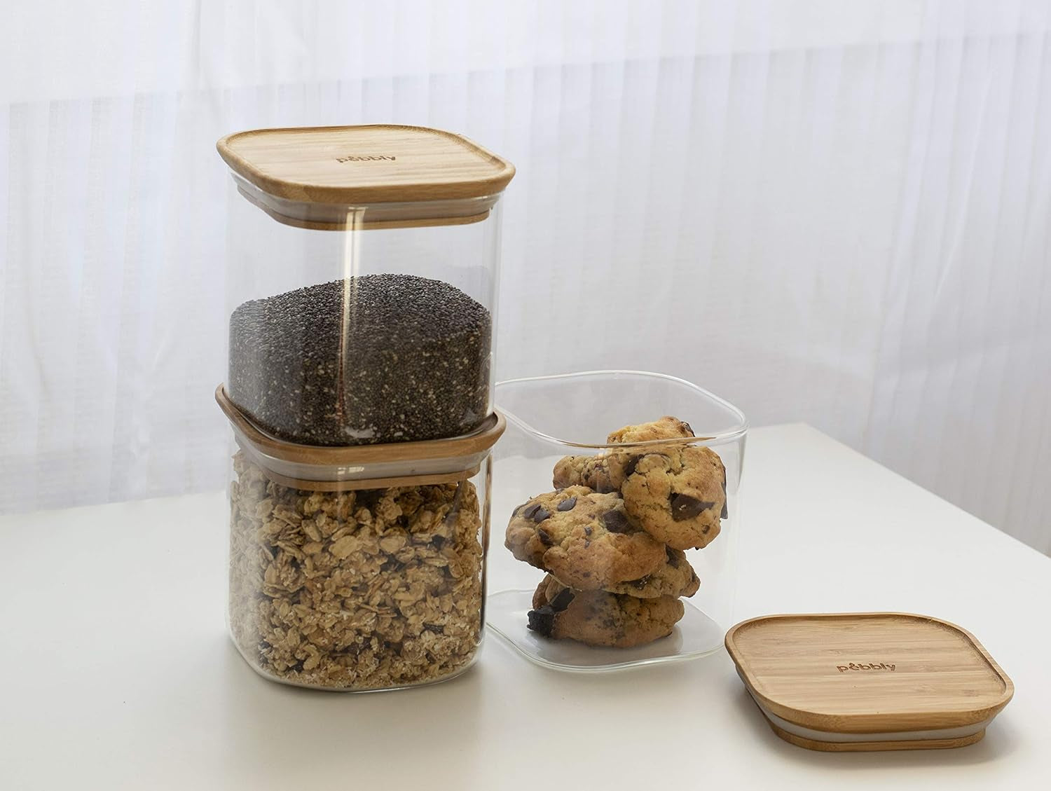 Set de 3 Recipientes de Vidrio Cuadrados con Tapa de Bambú - 800ml, Vidrio Borosilicato, Bambú, Silicona, Natural, 11 x 11 x 11 cm Cajas para Conservar Alimentos Naty Shop